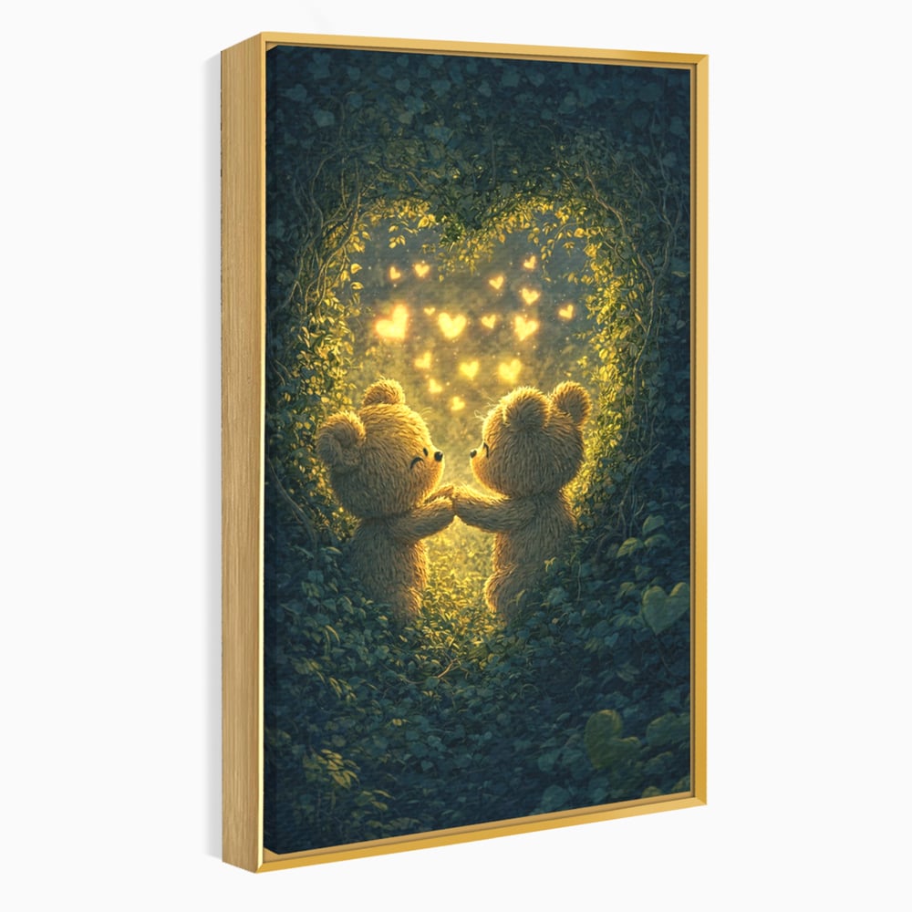Tablou canvas cu doi ursuleti pufosi in padure, in rama de aluminiu auriu